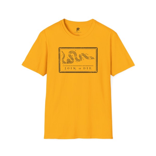 Gold t-shir with the Gasden Flag Join Or Die in a distressed design