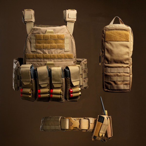 The Border Kit V2 tactical setup featuring the Testudo Gen 3 plate carrier in coyote brown, a hydration pouch, a battle belt with a radio pouch, and multiple magazine pouches for rifle and pistol ammunition.