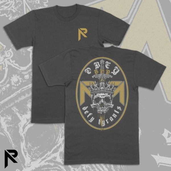 The Defy Tyrants t-shirt displayed in both front and back views, showcasing the Obey God, Defy Tyrants" graphic with a skull and crown design.
