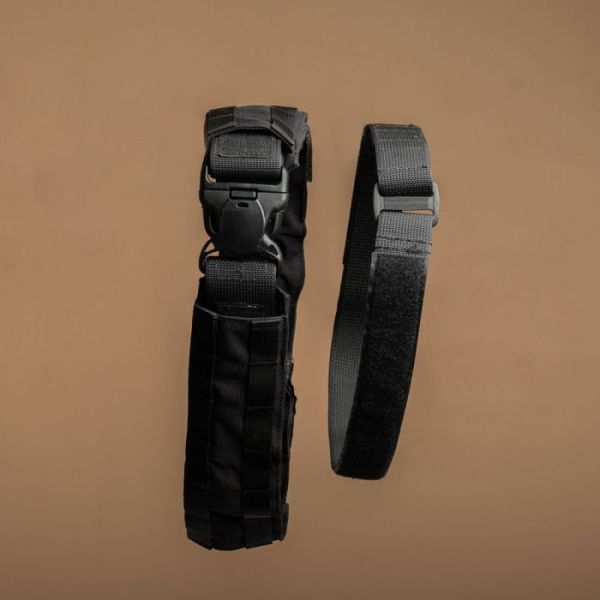 Black tactical battle belt with MOLLE webbing and quick-release buckle, shown alongside its matching inner belt for secure fitment.