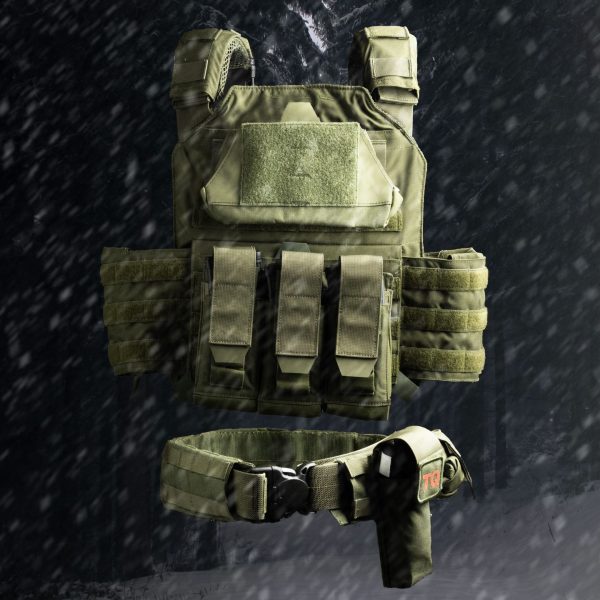 An olive drab tactical plate carrier with MOLLE pouches and a matching battle belt with a tourniquet pouch, displayed in a snowy environment, designed for military and law enforcement use.
