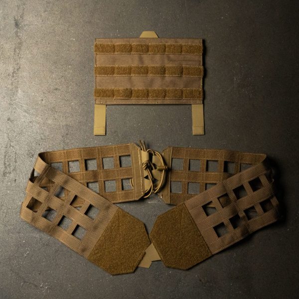 A coyote brown MOLLE cummerbund with a quick-release system, designed for plate carriers, featuring laser-cut MOLLE webbing, secure lacing, and Velcro panels for modular customization and rapid deployment.