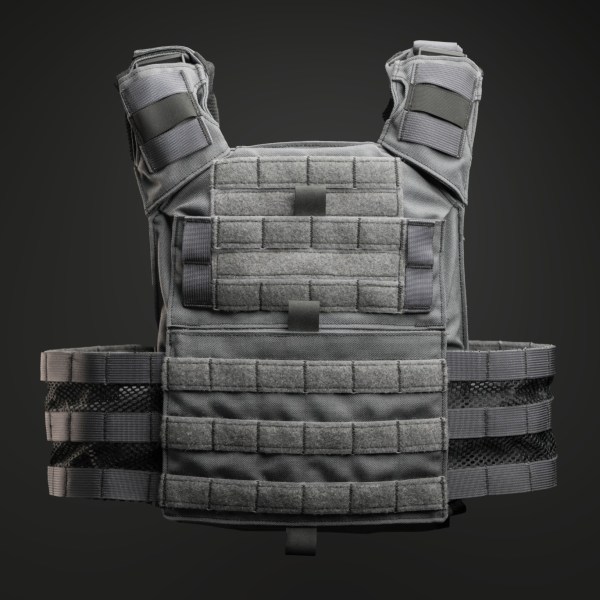 View of the Valkyrie Plate Carrier in Wolf Gray, featuring MOLLE webbing and skeletonized cummerbund for breathability and modular attachment.