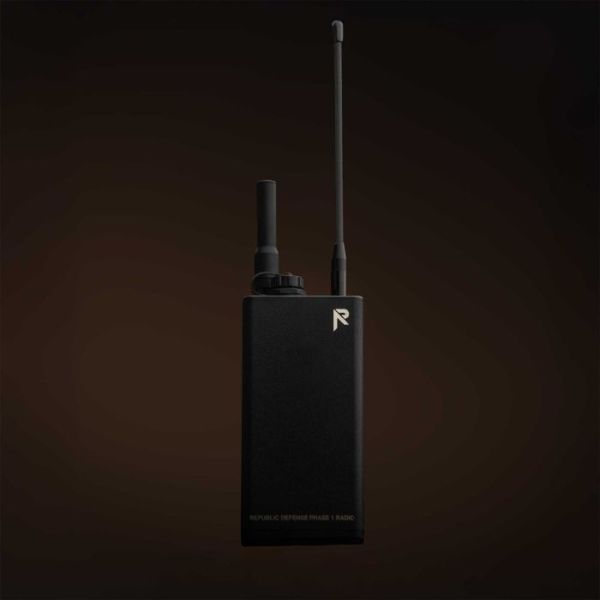 A full view of the Republic Defense Phase 1 radio, featuring dual antennas and a rugged design for military and law enforcement use.
