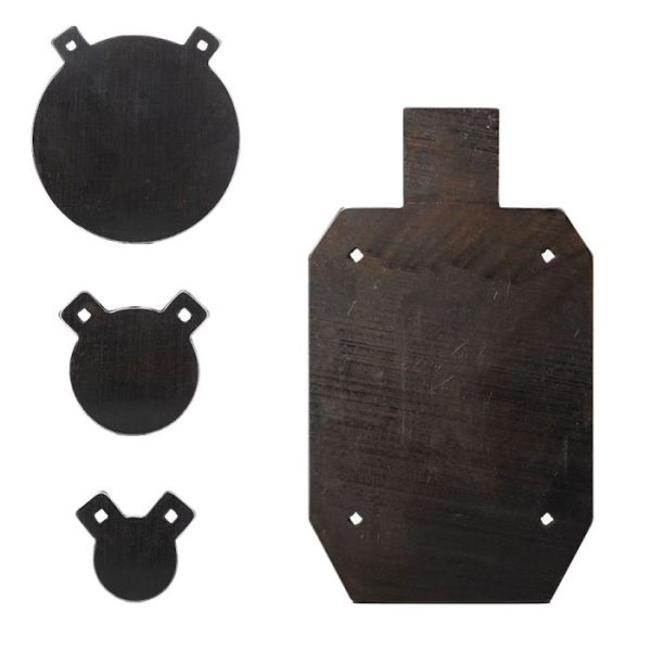 A collection of AR500 steel targets, including round gong targets and a silhouette target, perfect for shooting range training.